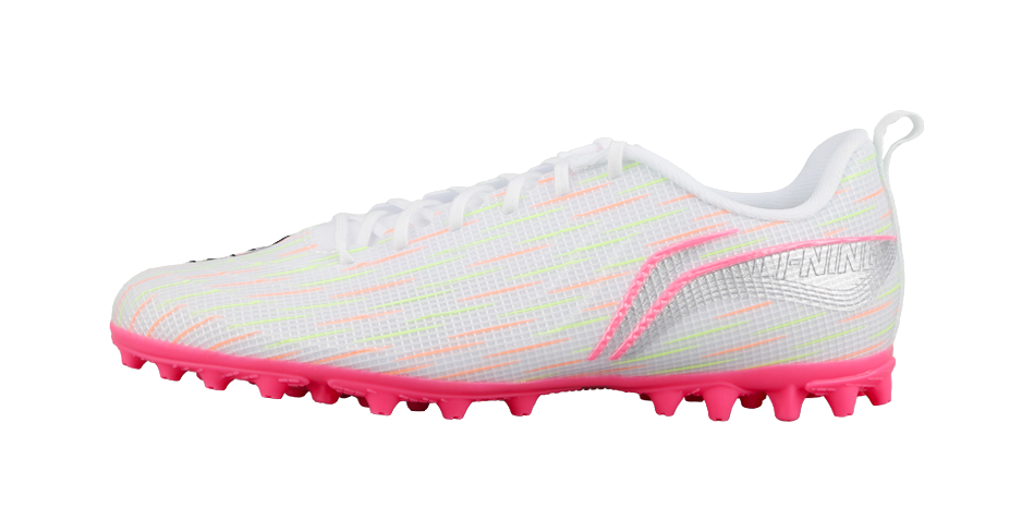 Youth multi-ground soccer shoe: pink studs, white laced knit upper