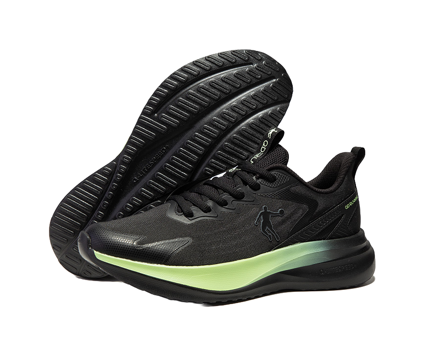 QIAODAN Cushioning Breathable Lightweight Low Top Casual Running Shoes Men's Black Oil Citrus Green 