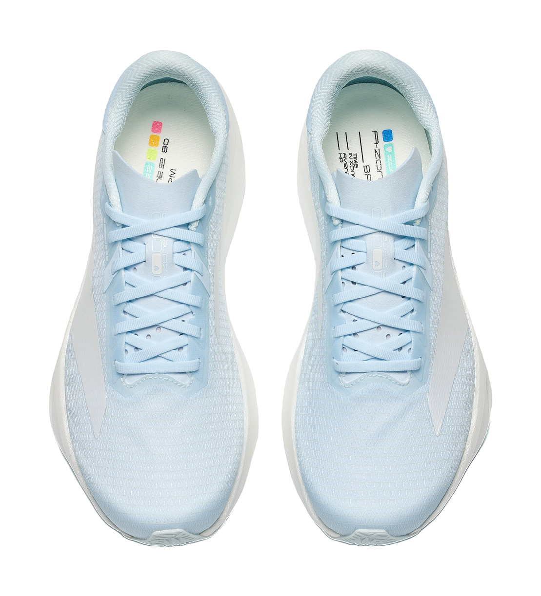 Pair of light blue low-top running shoes with lace-up closure and teal-lined collar