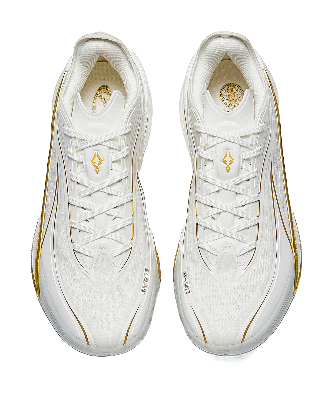 Pair of men's white low-top basketball shoes with gold detailing and lace-up