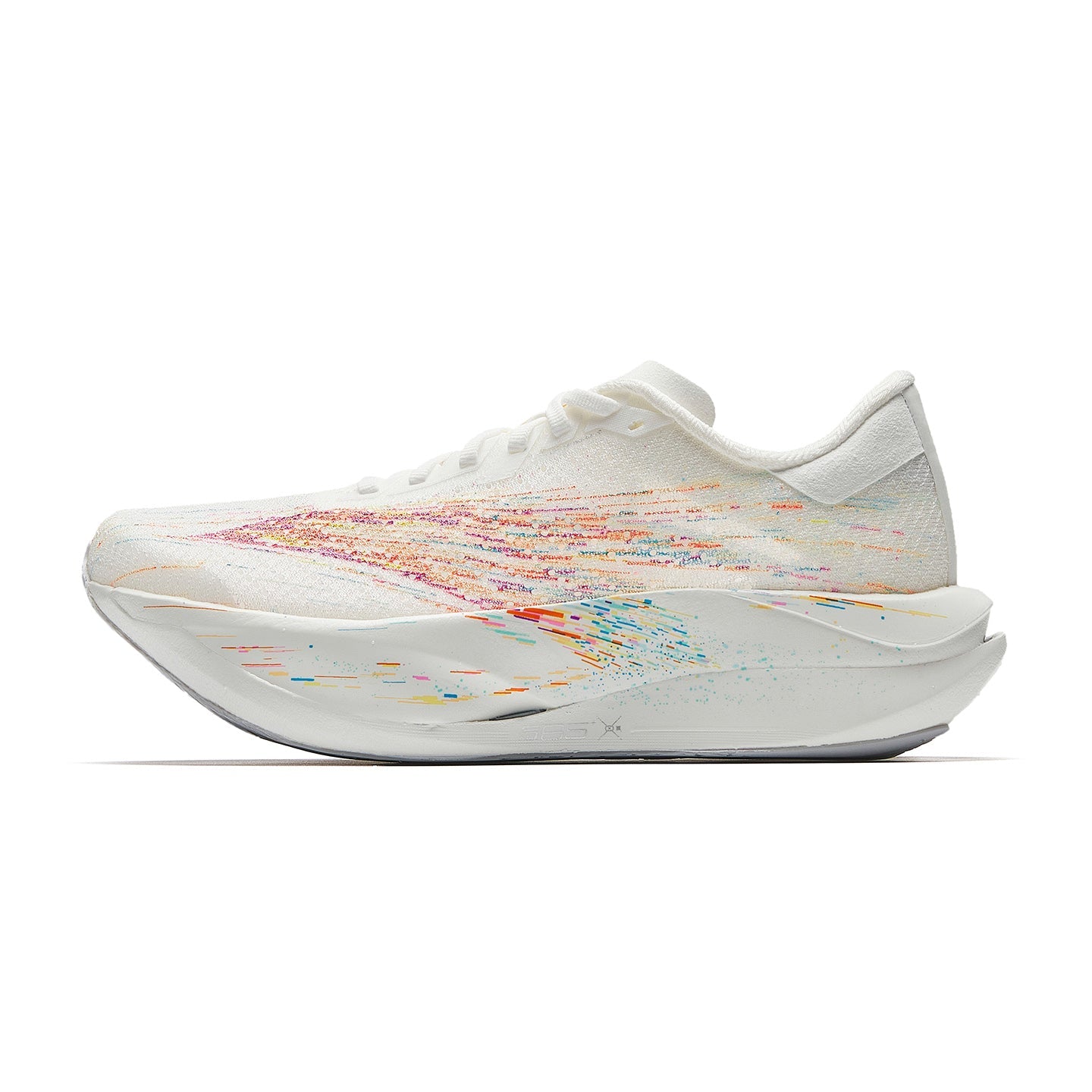 Women's white running shoes with multicolor speckled upper, lace-up design