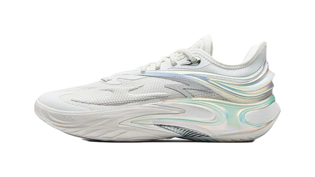 White mesh basketball shoe with iridescent side stripes and lace-up front