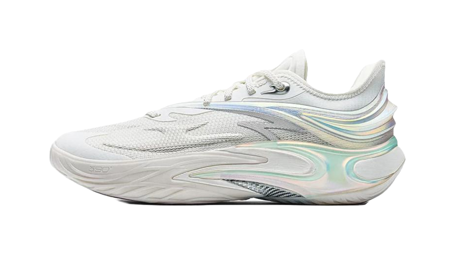 White mesh basketball shoe with iridescent side stripes and lace-up front