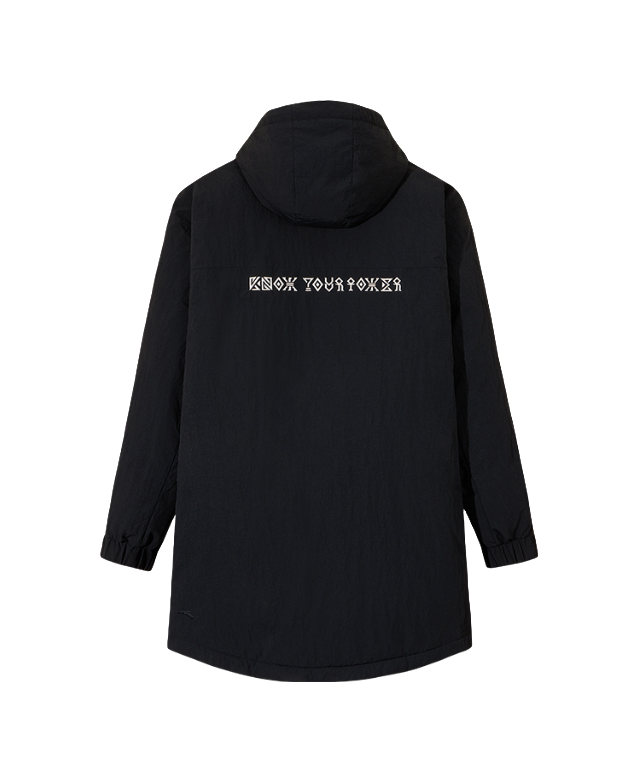 Black hooded down jacket with back graphic logo and full zip.