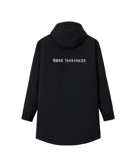 Black hooded down jacket with back graphic logo and full zip.