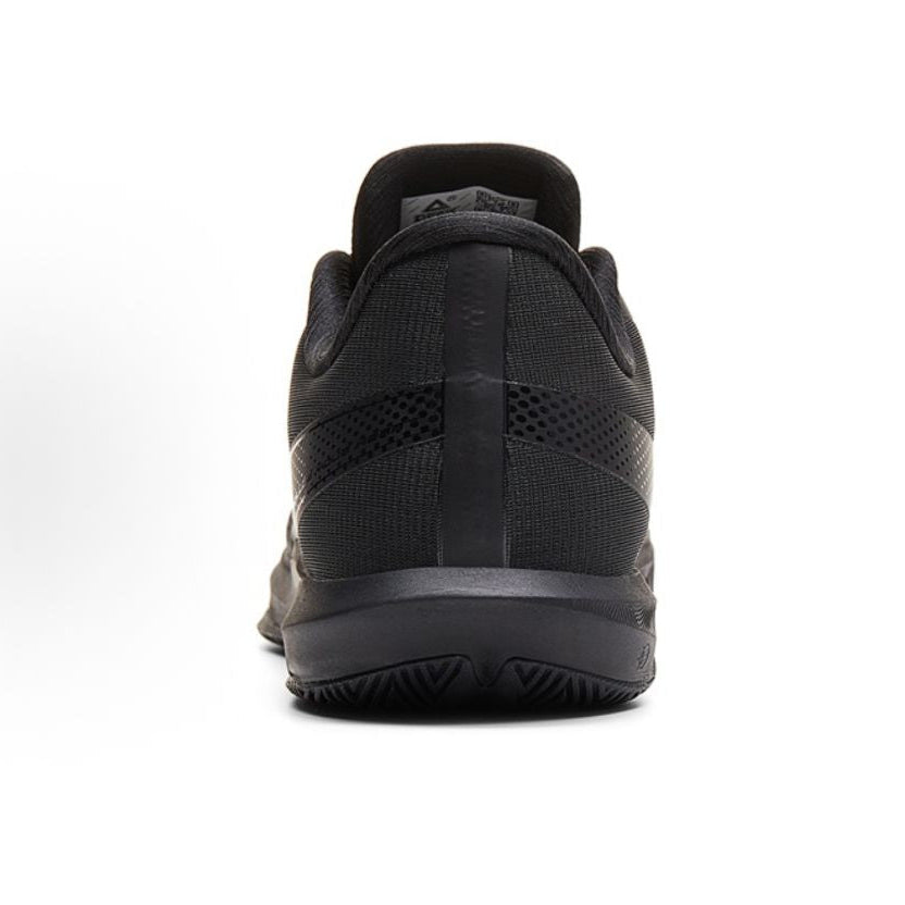 Black basketball shoe heel view with padded collar and textured heel counter