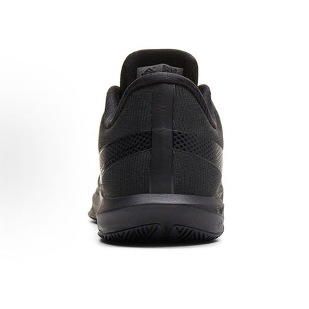 Black basketball shoe heel view with padded collar and textured heel counter