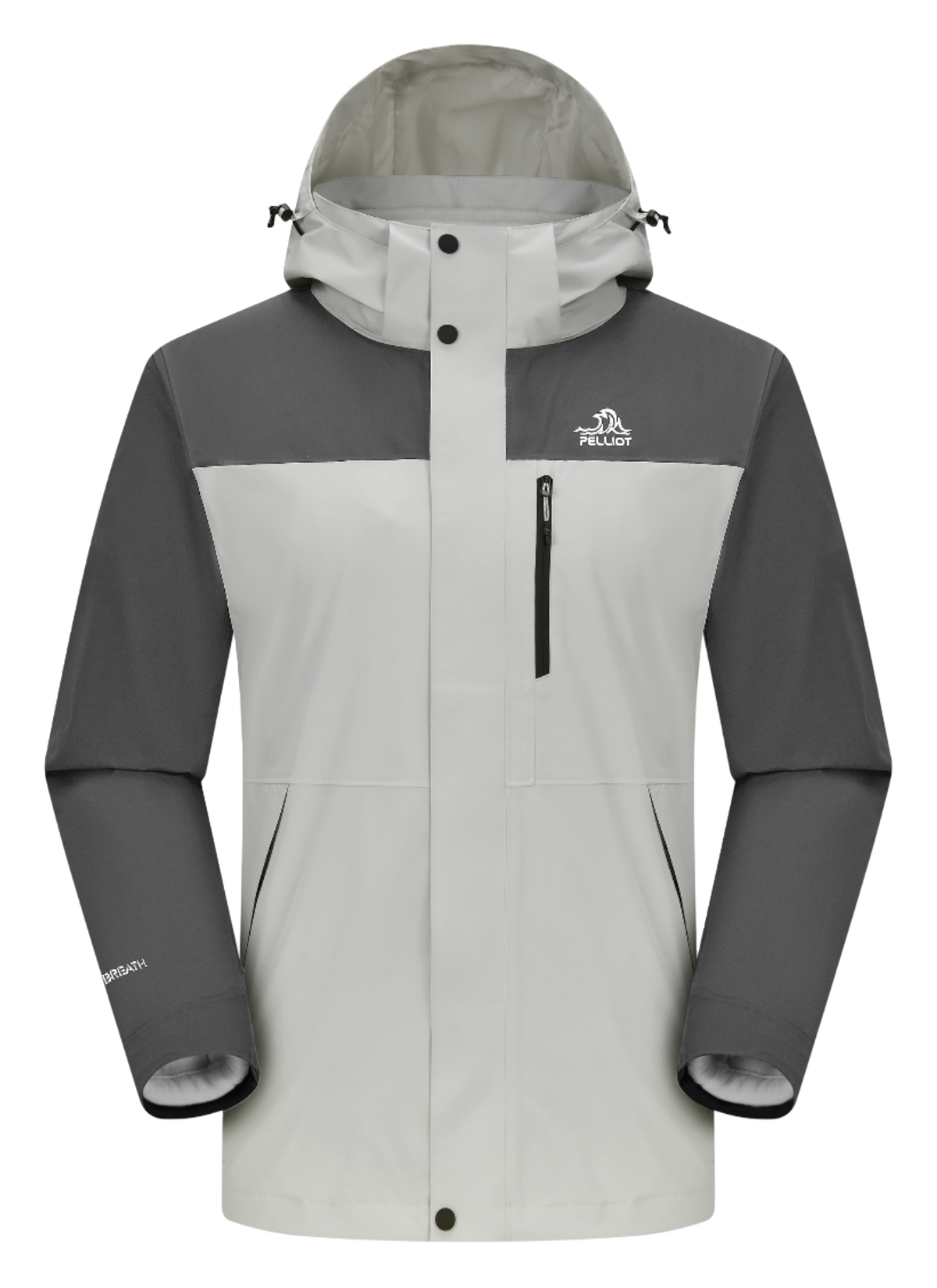 Men's white and gray 3-in-1 windbreaker jacket with hood, full zip, chest pocket