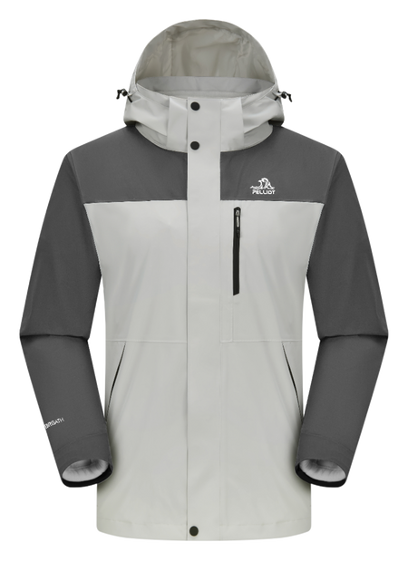 Men's white and gray 3-in-1 windbreaker jacket with hood, full zip, chest pocket