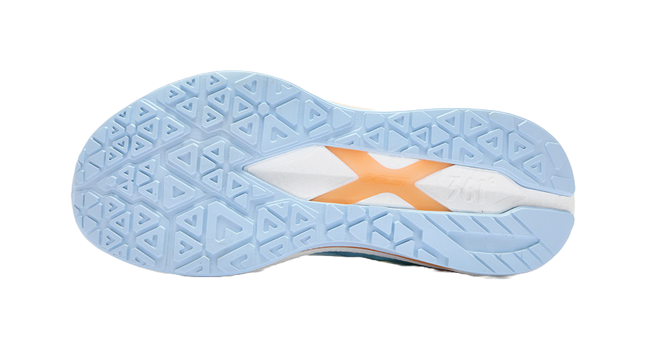 Light-blue rubber outsole with geometric traction for women's running shoes, orange logo
