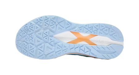 Light-blue rubber outsole with geometric traction for women's running shoes, orange logo