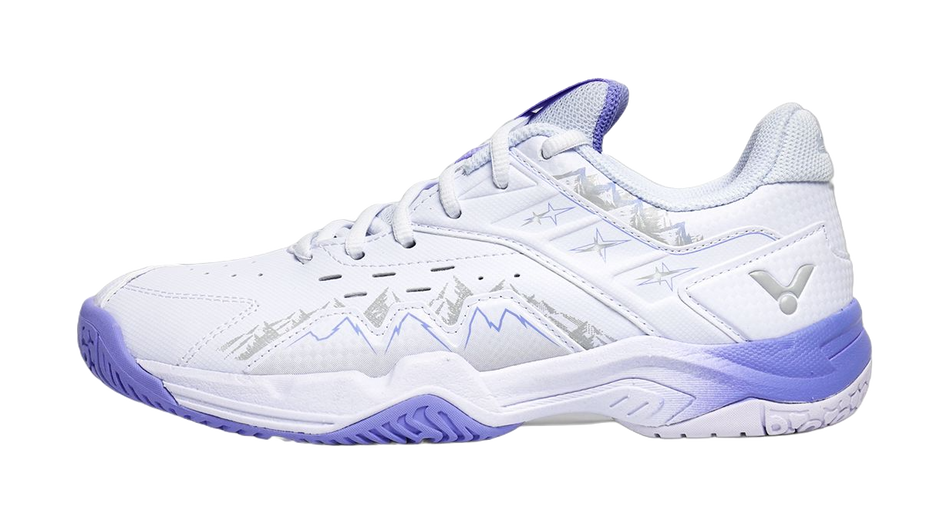 Unisex badminton shoe, white upper with purple sidewall and gold logo detail