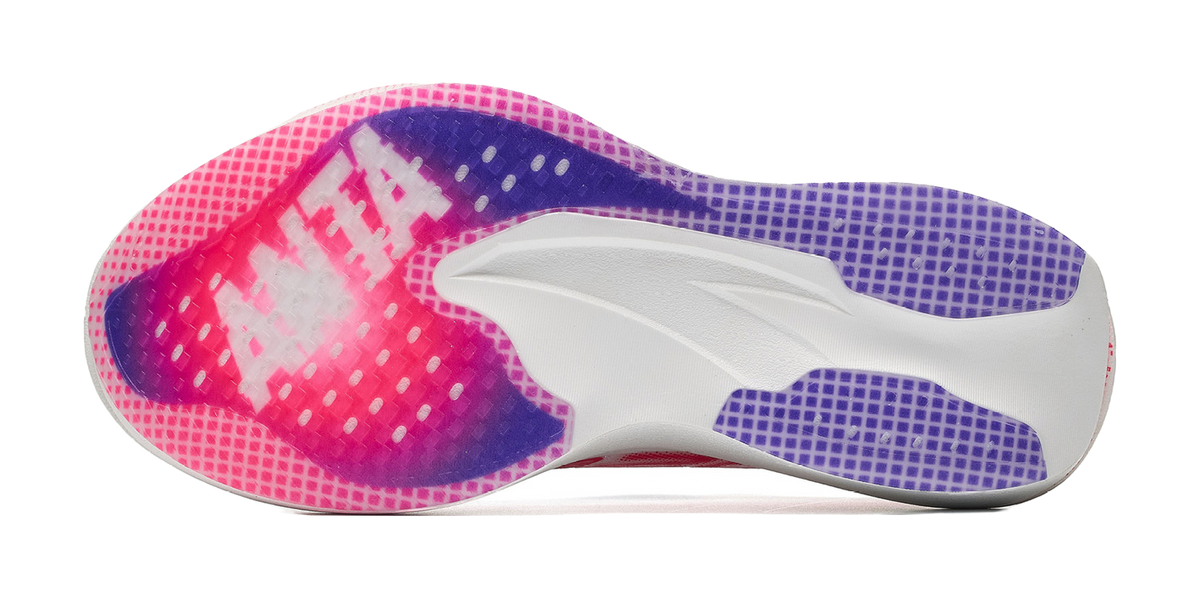 ANTA women's low-top running shoe outsole side, pink-red and purple gradient rubber tread