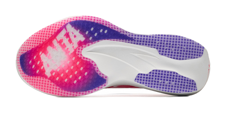 ANTA women's low-top running shoe outsole side, pink-red and purple gradient rubber tread