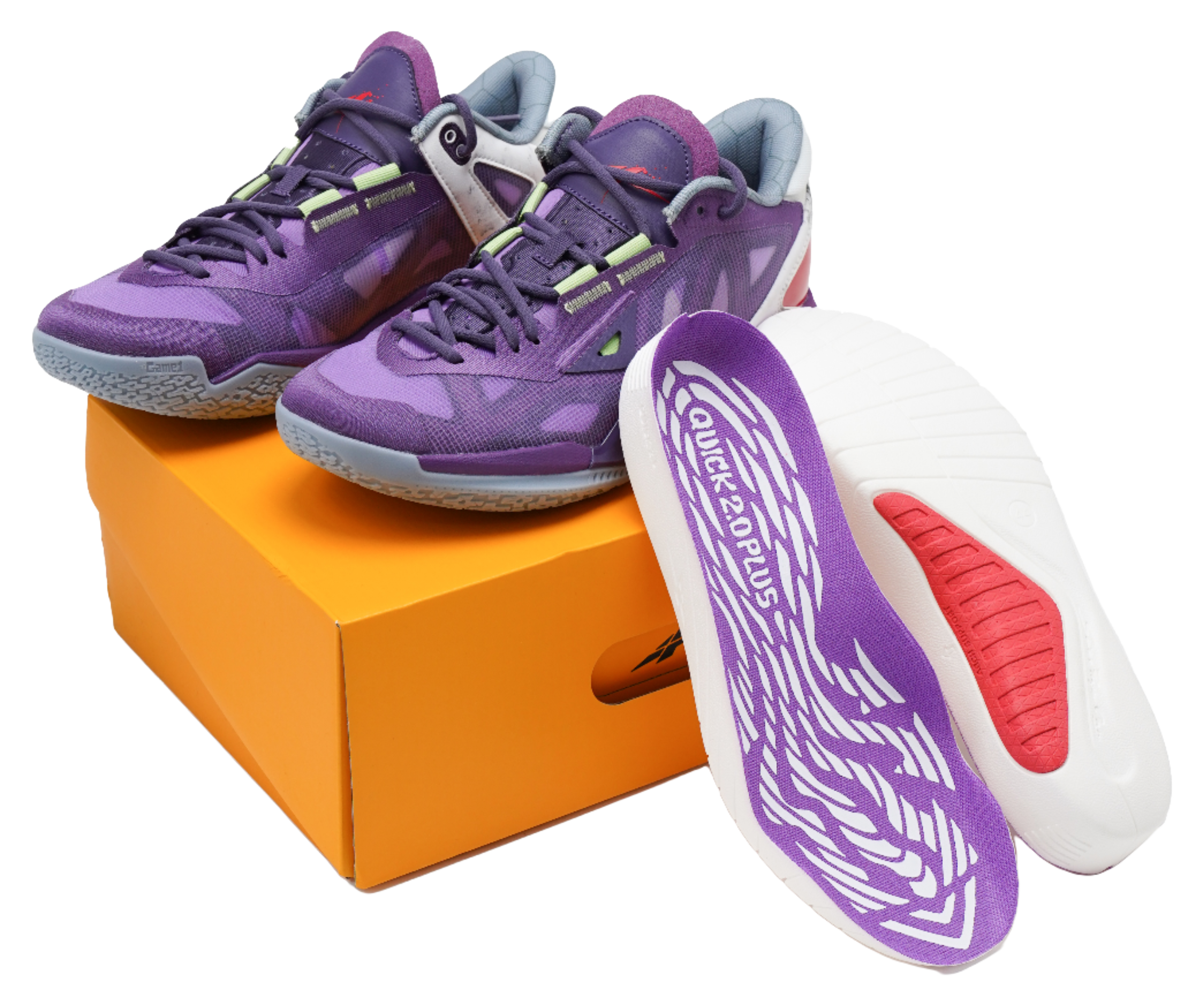 Purple basketball shoes showing off-white insole with white traction graphic and red pad