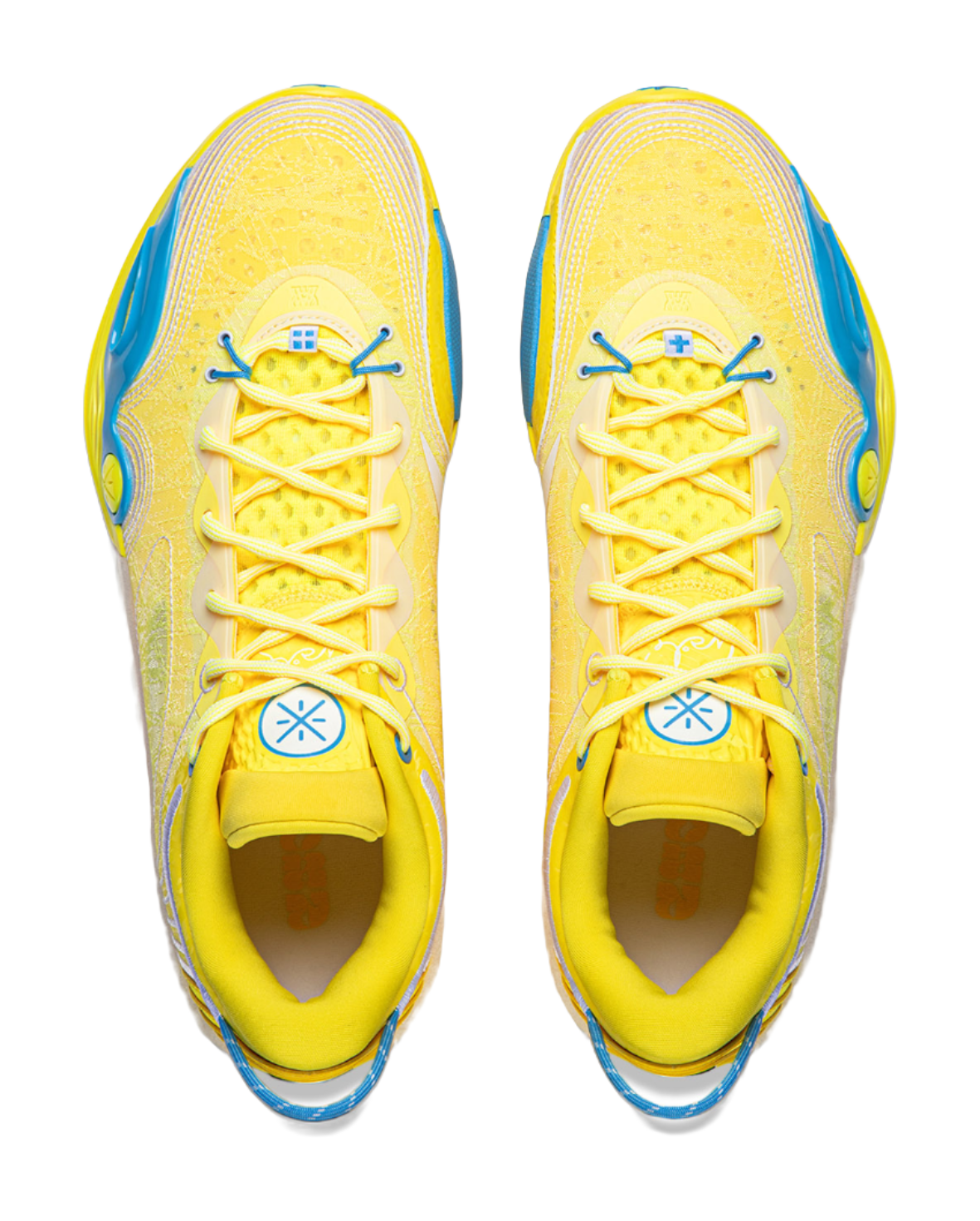 Li Ning low-top basketball shoe pair, yellow uppers with blue heel tabs, lace-up.