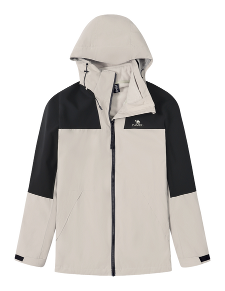 Colorblock windbreaker jacket with hood, full zip, white and black panels, CAMEL logo.