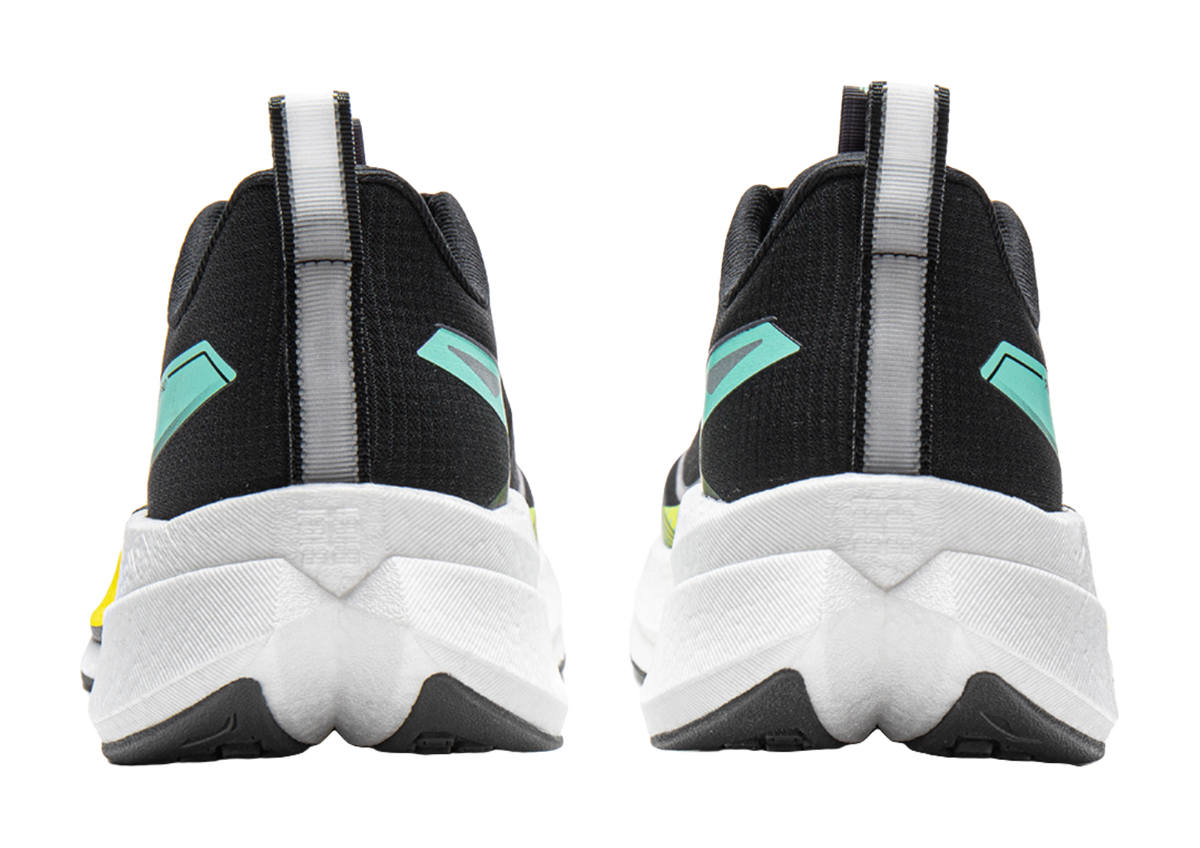 Unisex running shoe pair, black heel and toe with teal accents, white midsole, yellow trim