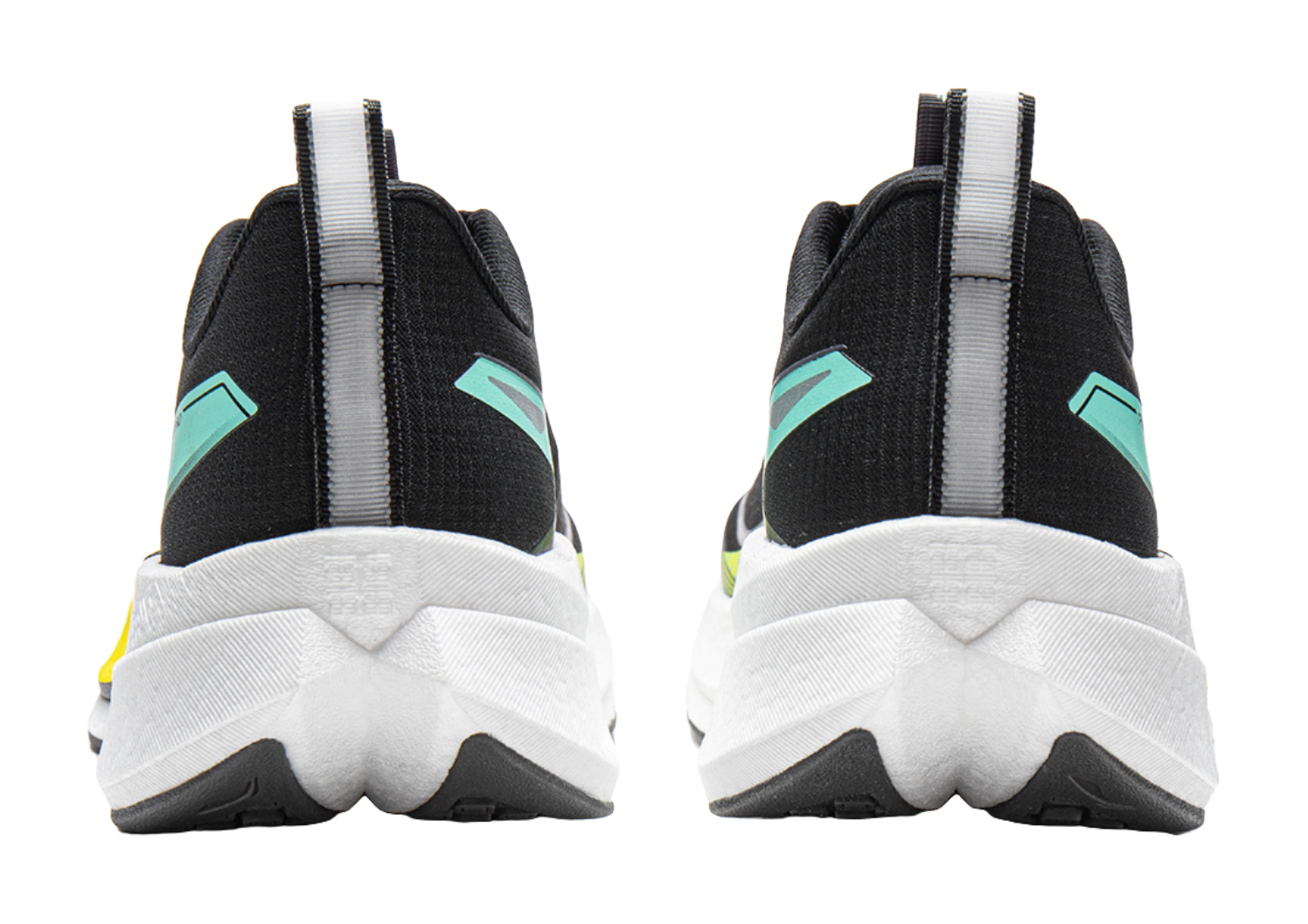 Unisex running shoe pair, black heel and toe with teal accents, white midsole, yellow trim