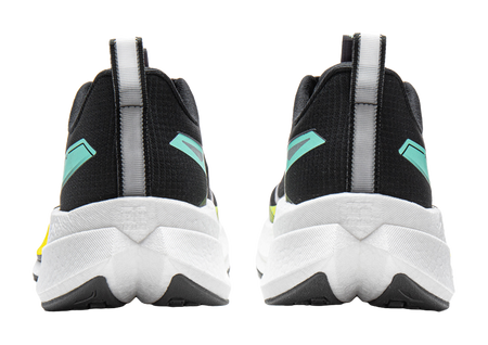Unisex running shoe pair, black heel and toe with teal accents, white midsole, yellow trim