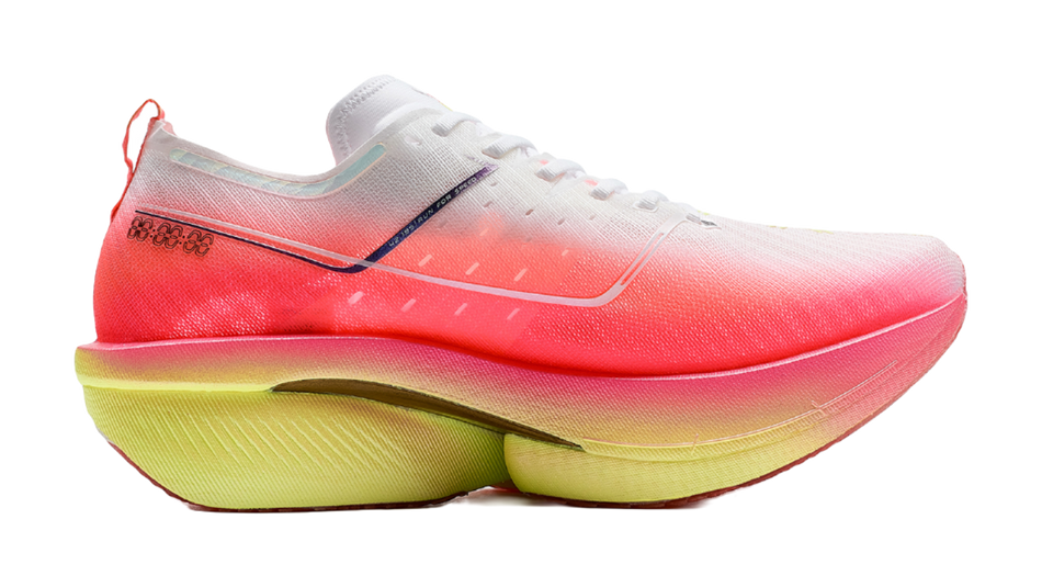 Men's low-top running shoes, coral-pink upper with white laces and thick yellow midsole