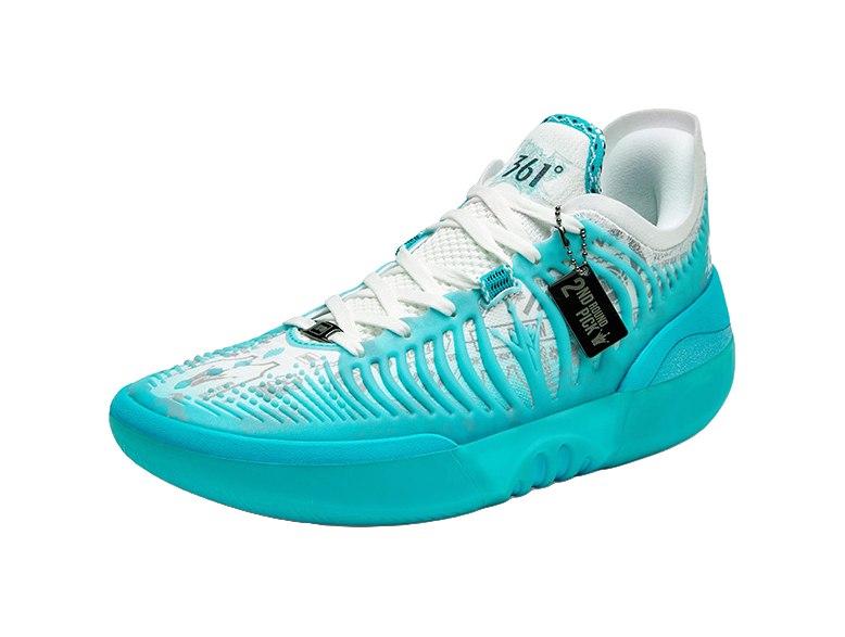 Turquoise low-cut basketball shoe with white laces, ribbed knit and side strap