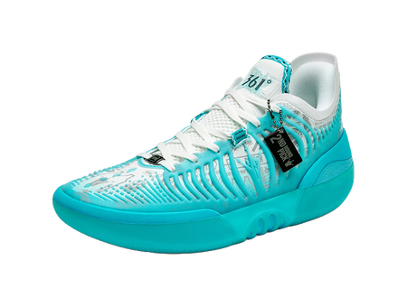 Turquoise low-cut basketball shoe with white laces, ribbed knit and side strap