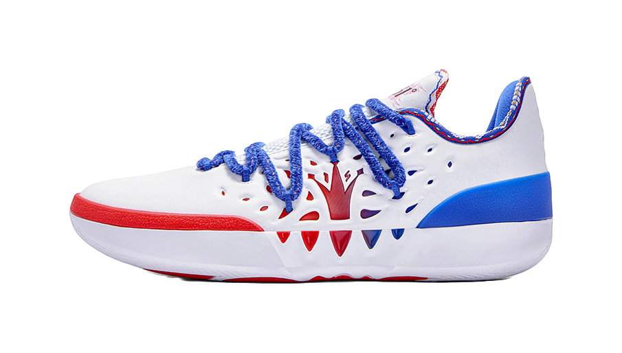 White low-top basketball shoe with blue laces, blue side panel, and red trim