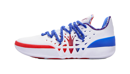White low-top basketball shoe with blue laces, blue side panel, and red trim