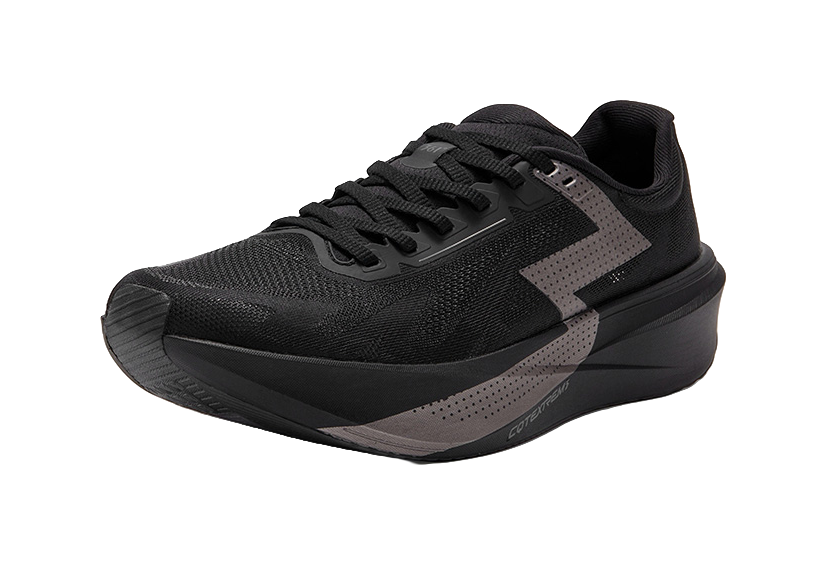 Black mesh low running shoe with gray overlay and cushioned platform sole