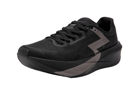 Black mesh low running shoe with gray overlay and cushioned platform sole