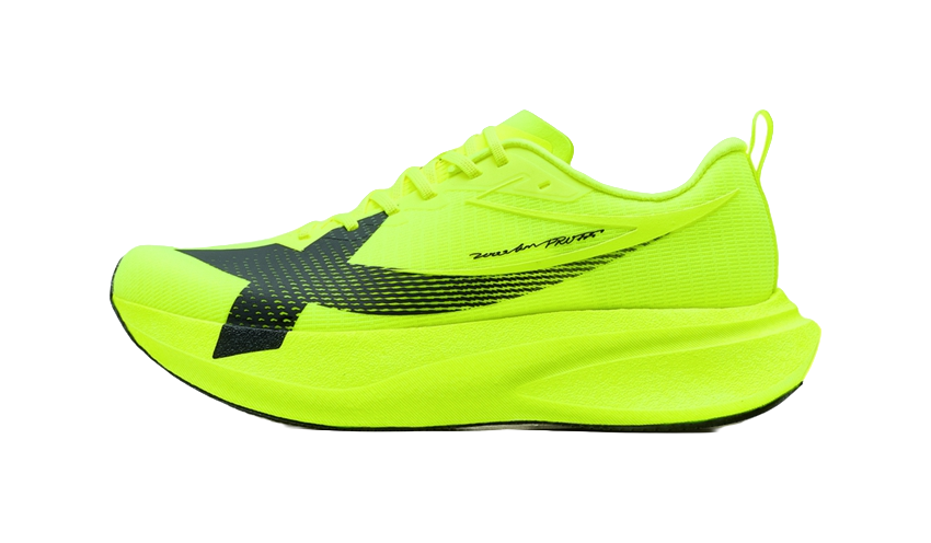 Neon yellow and black lace-up running shoes with textured upper and side logo.
