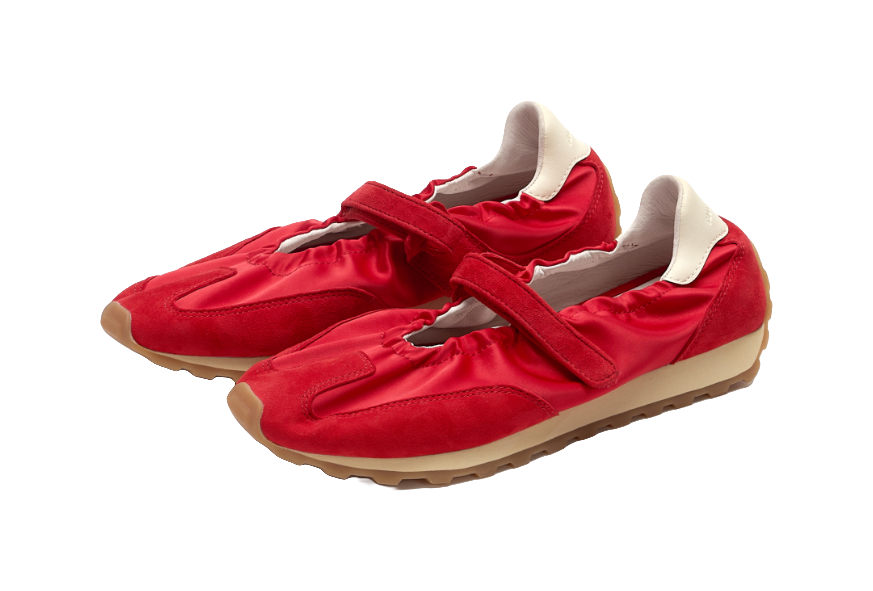 Women's red Mary Jane shoes with crisscross strap and off-white lining