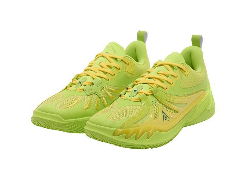Rigorer AR3 low-top basketball shoes, pair view in lemon green with yellow laces