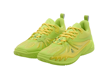 Rigorer AR3 low-top basketball shoes, pair view in lemon green with yellow laces