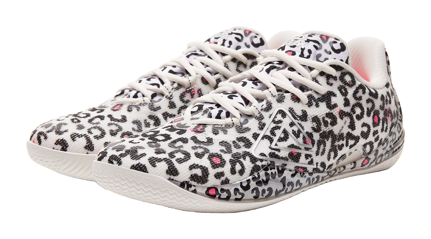 White low-top basketball shoe with leopard print, braided laces, and front logo panel