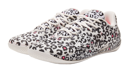 White low-top basketball shoe with leopard print, braided laces, and front logo panel