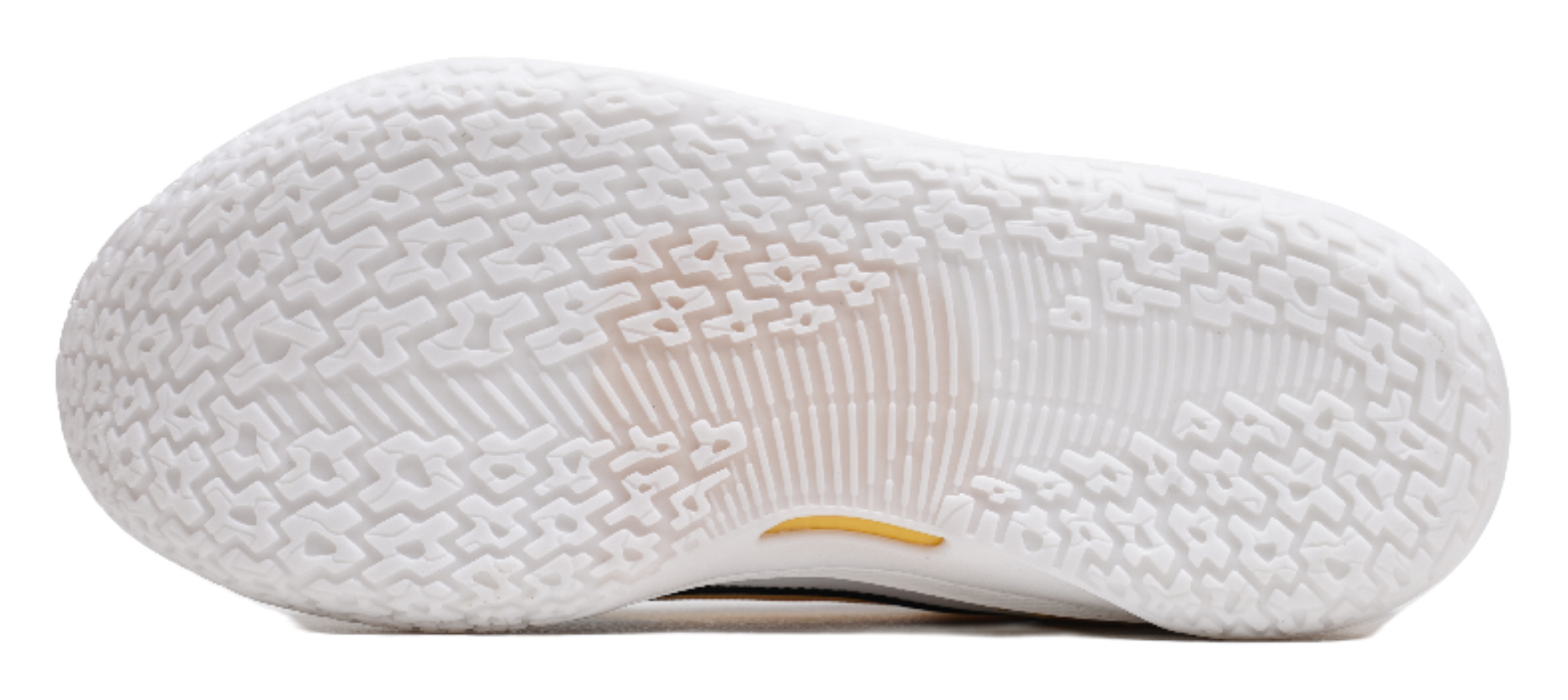 Basketball shoe outsole, textured white rubber tread with yellow accent