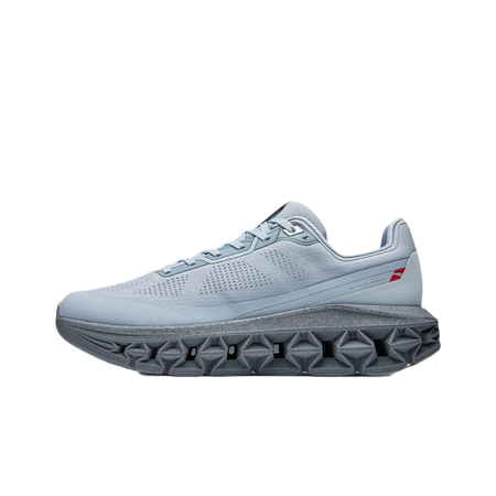 Light blue lace-up running shoe with perforated upper and geometric tread midsole