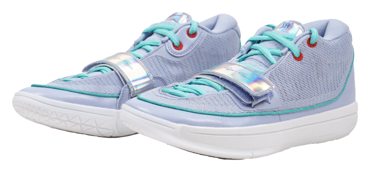 Pair of light blue low-top basketball shoes with teal laces and hook-and-loop strap
