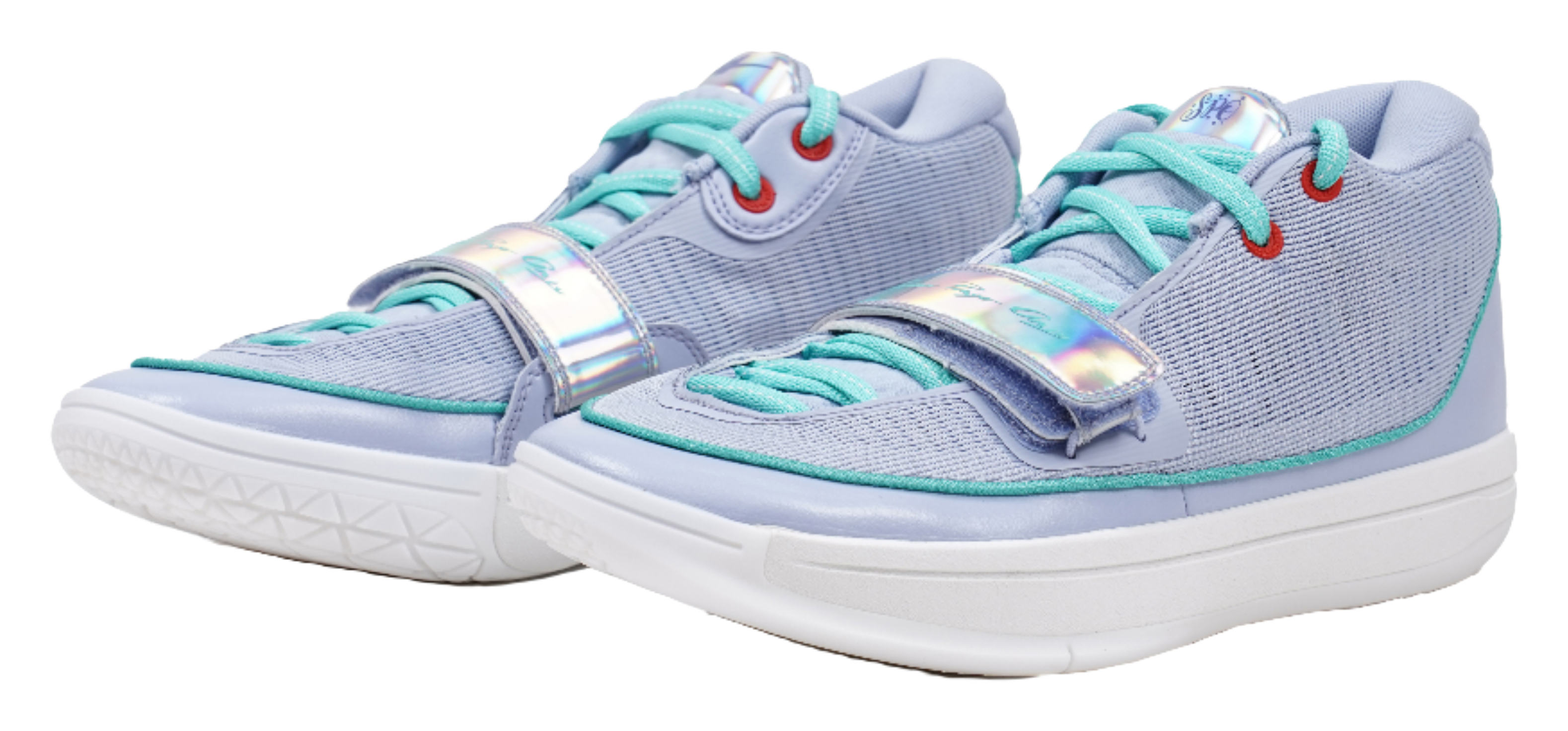 Pair of light blue low-top basketball shoes with teal laces and hook-and-loop strap