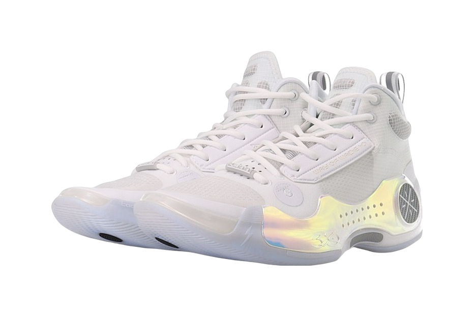 Unisex mid-top basketball shoe, white upper with rainbow heel graphic and translucent outsole