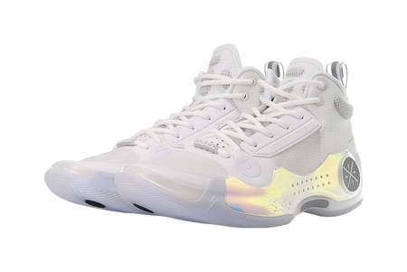 Unisex mid-top basketball shoe, white upper with rainbow heel graphic and translucent outsole