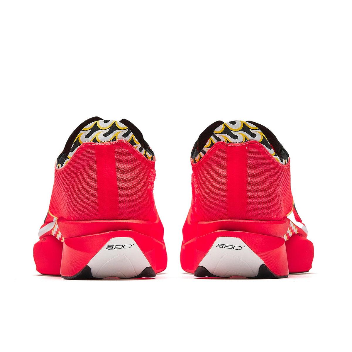 Neon red running shoes back view with black-and-white heel lining details