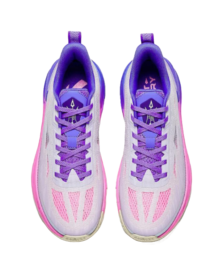 Misty purple and white basketball shoe, tongue and laces rear view