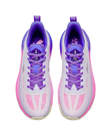 Misty purple and white basketball shoe, tongue and laces rear view
