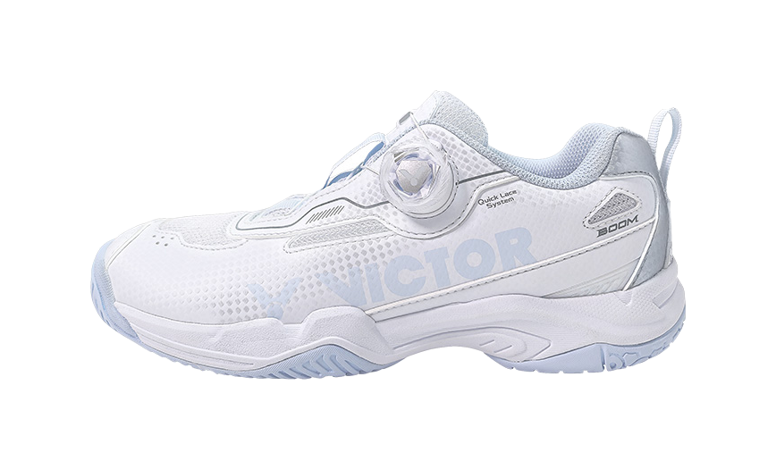 White unisex badminton performance shoe, lace-up with padded collar and rounded toe