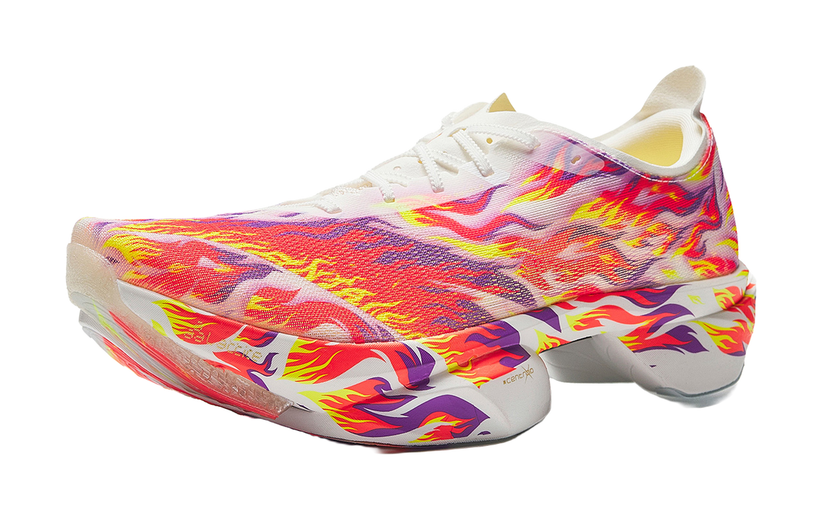 Marathon racing shoe in white with multicolor flame print and chunky white midsole