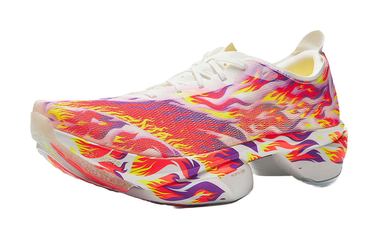 Marathon racing shoe in white with multicolor flame print and chunky white midsole