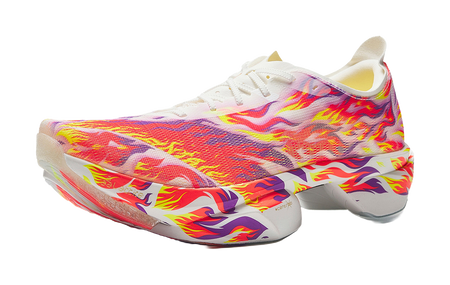 Marathon racing shoe in white with multicolor flame print and chunky white midsole